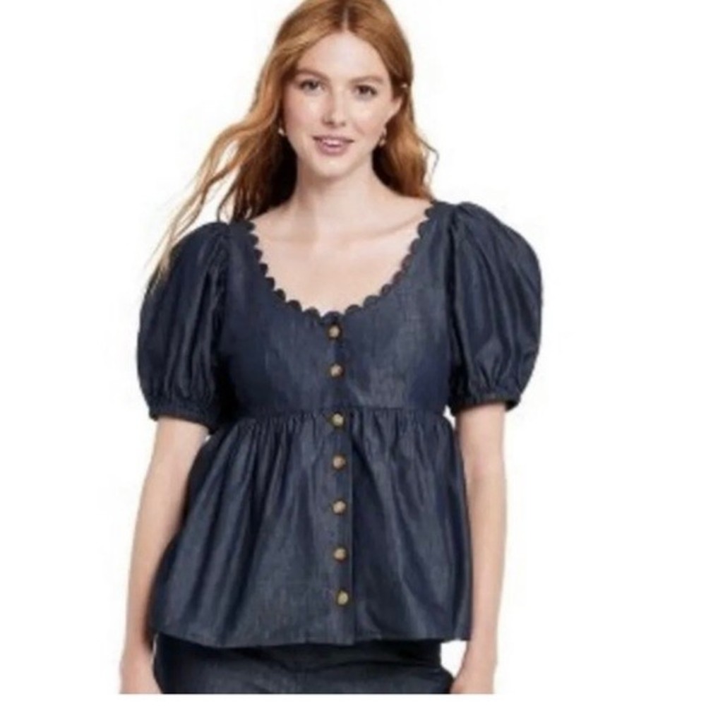 NWT Kika Vargas Scallop Denim Top Size 3X